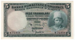 Albania 5 Franka Ari 1926 (ND)
P# 2a, N# 221079; # K.75956; UNC