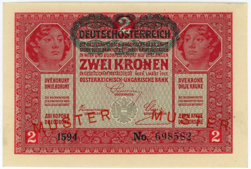 Austria 2 Kronen 1917 Specimen
P# 50s, N# 202742; # 1594 No. 698582; Stamped & ...