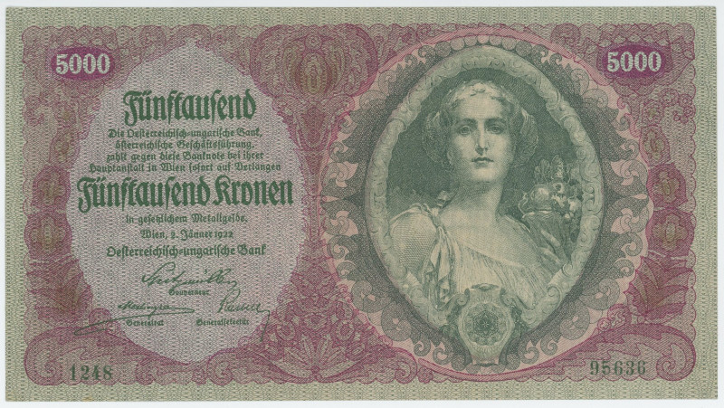 Austria 5000 Kronen 1922
P# 79, N# 207990; # 1248 95636; XF+