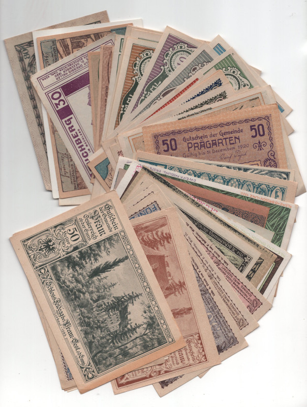 Austria 50 x Notgelds 1920 th
Various States, Denominations, Dates & Motive; XF...