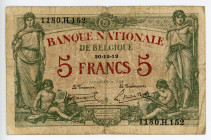 Belgium 5 Francs 1919
P# 75b, # 1180.H.152; VG-F