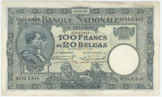 Belgium 100 Francs / 20 Belgas 1930
P# 102a, N# 208669; # 2054X416 51347416; XF