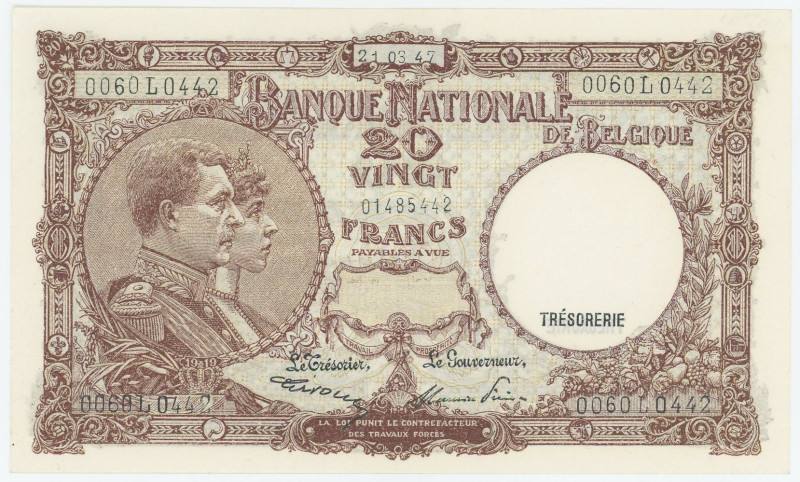Belgium 20 Francs 1947
P# 111, N# 207597; # 0060 L 0442; UNC