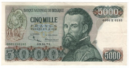 Belgium 5000 Francs 1971
P# 137a, N# 218427; # 0006 E 0185; VF-XF