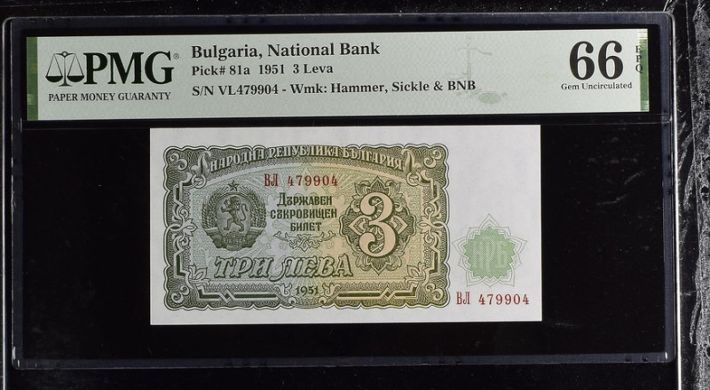 Bulgaria 3 Leva 1951 PMG 66 Gem uncirculated EPQ
P# 81a, # VL479904