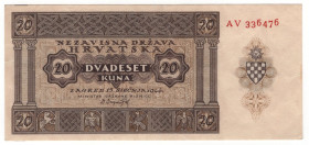 Croatia 20 Kuna 1944
P# 9b, N# 294299; # AV 336476; Not issued; XF