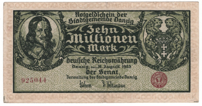 Danzig 10 Millionen Mark 1923
P# 25b, N# 210239; # 925044; VF-XF