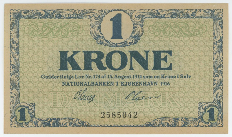 Denmark 1 Krone 1914 1916
P# 12a, N# 205821; # 2585042; UNC