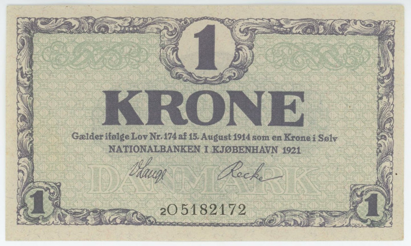 Denmark 1 Krone 1914 1921
P# 12h, N# 205821; # 2O 5182172; UNC-