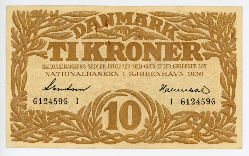 Denmark 10 Kroner 1936
P# 26n, # I 6124595; VF