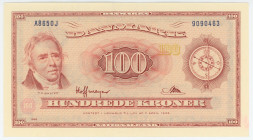 Denmark 100 Kroner 1936 1965
P# 46d, N# 229134; # A8650J 9090463; UNC
