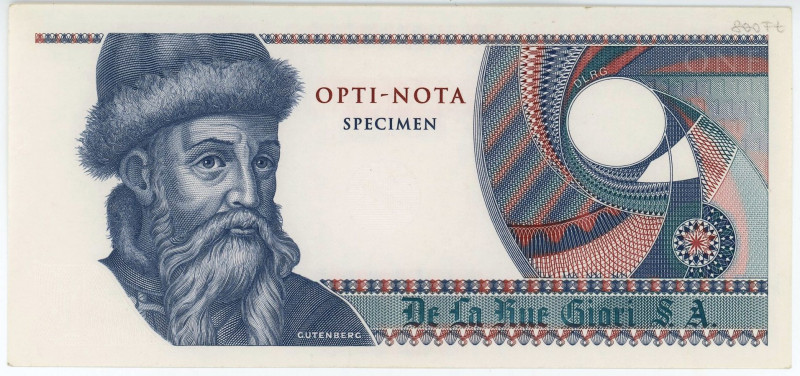 Europe De La Rue Giori S.A. 1 Test Note (ND) Specimen
Opti-Nota Gutenberg; UNC