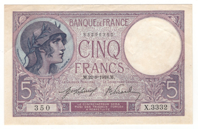 France 5 Francs 1918
P# 72a, N# 206630; # X.3332 350; XF