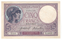 France 5 Francs 1918
P# 72a, N# 206630; # X.3332 350; XF