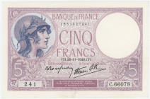 France 5 Francs 1940
P# 83a, N# 203062, F.04/15; # C.66078 241; Violet modifié; XF/AUNC