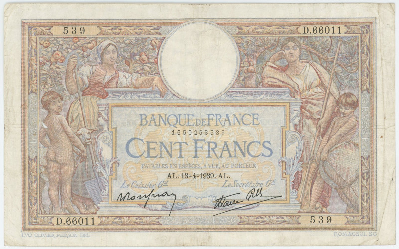 France 100 Francs 1939
P# 86b, N# 206023; # D.66011; VG