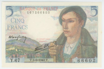 France 5 Francs 1943
P# 98a, N# 203073, F.05/03; # Y.67 66602; UNC