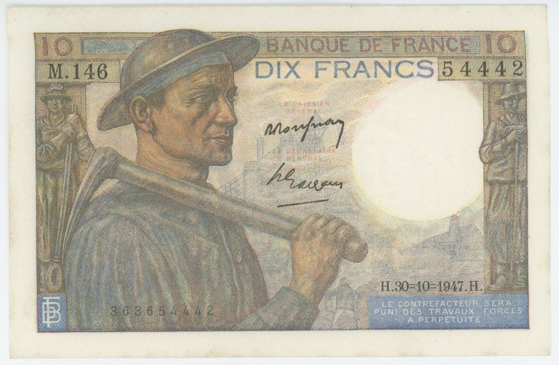France 10 Francs 1947
P# 99f, N# 204600, F.08/18; # M.146 54442; UNC