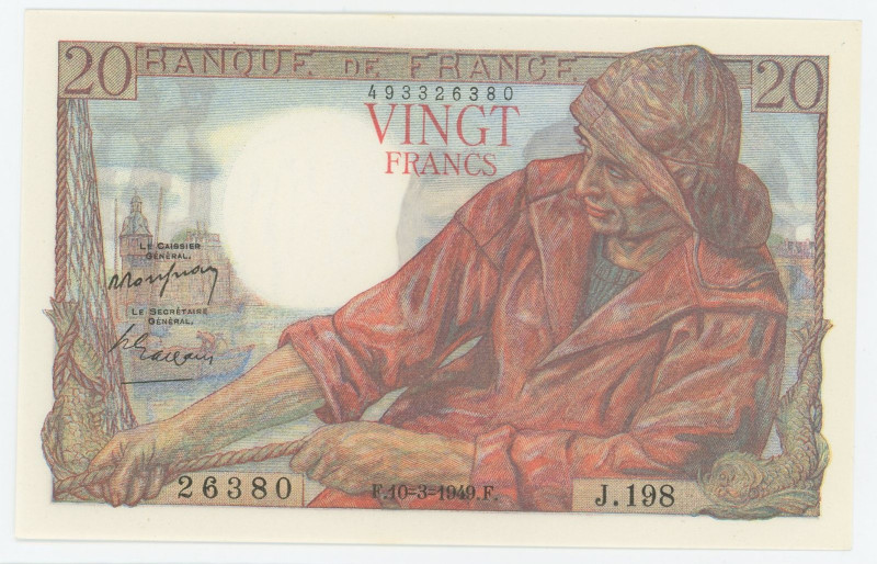 France 20 Francs 1949
P# 100c, N# 206539, F.13/14; # J.198 26380; Pêcheur; UNC
