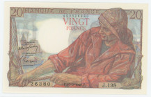 France 20 Francs 1949
P# 100c, N# 206539, F.13/14; # J.198 26380; Pêcheur; UNC