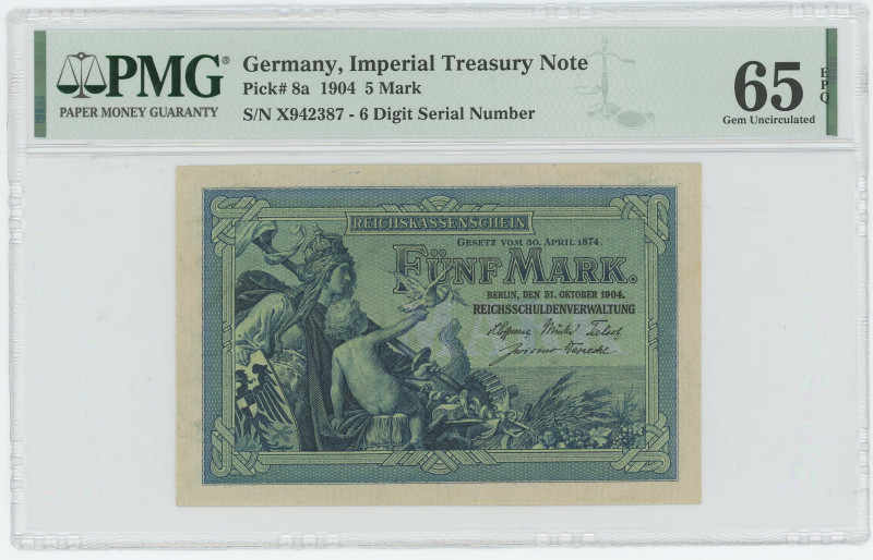 Germany - Empire 5 Mark 1904 PMG 65 EPQ Gem UNC
P# 8a, N# 203325; # X942387