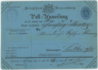 Germany - Empire Brunswick Postal Order for 50 Thaler 1866
Postanweisung über 50 Thaler; From Wolfenbüttel to Lutter am Barenberge (28 April 1866)