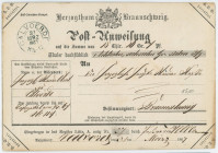 Germany - Empire Brunswick Postal Order for 18 Thaler 16 Groschen and 7 Pfennig 1867
Postanweisung über 18 Thaler 16 Groschen und 7 Pfennig; Calvoerd...