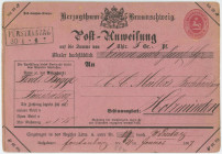 Germany - Empire Brunswick Postal Order for 1 Thaler and 5 Groschen 1867
Postanweisung über 1 Thaler und 5 Groschen; From Fürstenberg to Holzminden