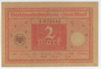 Germany - Weimar Republic 2 Mark 1920
P# 59, N# 203574; # 1 872443; Darlehnskassenschein; UNC