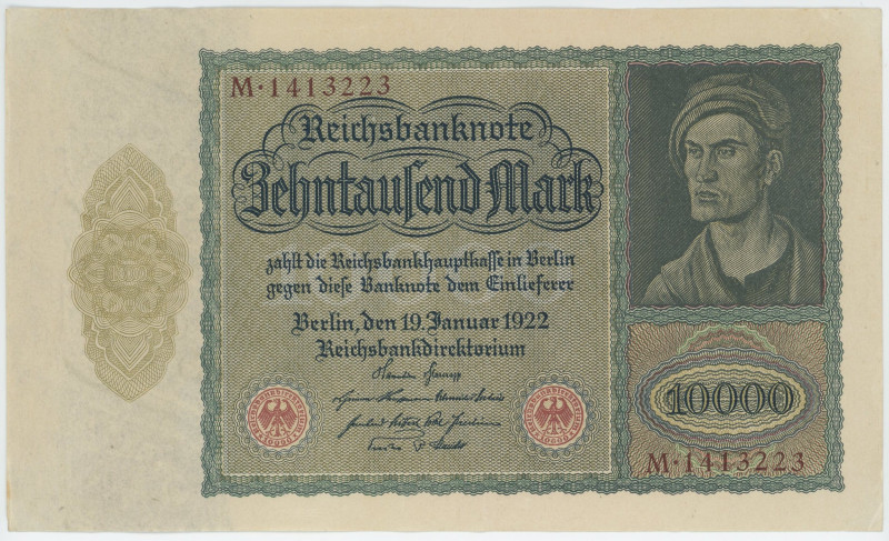 Germany - Weimar Republic 10000 Mark 1922
P# 71, N# 201618; # M 1413223; Reichs...