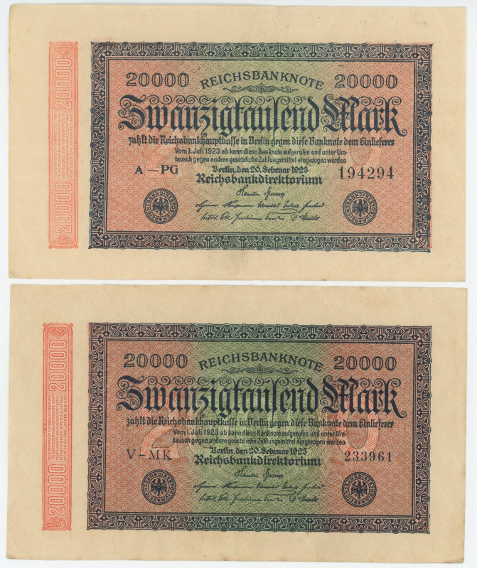 Germany - Weimar Republic 2 x 20000 Mark 1923
P# 85, N# 203613; Reichsbanknote;...