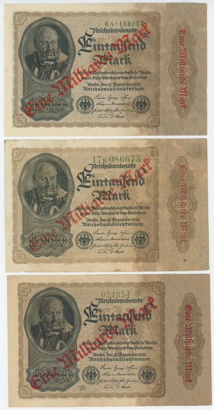 Germany - Weimar Republic 3 x 1000000000 Mark 1923 (ND) Overprint
P# 113, N# 20...