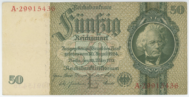 Germany - Third Reich 50 Reichsmark 1933
P# 182a, N# 203641; # A 29915436; Reic...