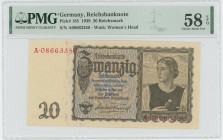 Germany - Third Reich 20 Reichsmark 1939 PMG 58 EPQ Choice About UNC
P# 185, N# 202009; # A 08663350