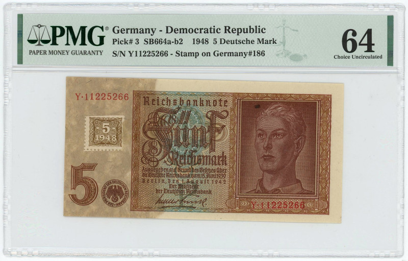 Germany - DDR 5 Deutsche Mark 1948 PMG 64 Choice UNC
P# 3, N# 209082; # Y112252...