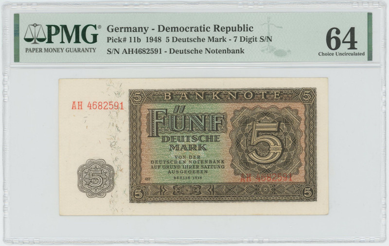 Germany - DDR 5 Deutsche Mark 1948 PMG 64 Choice UNC
P# 11b, N# 207658; # AH468...