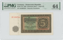 Germany - DDR 5 Deutsche Mark 1948 PMG 64 Choice UNC
P# 11b, N# 207658; # AH4682591