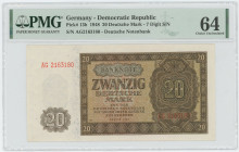 Germany - DDR 20 Deutsche Mark 1948 PMG 64 Choice UNC
P# 13b, N# 207659; # AG2163180