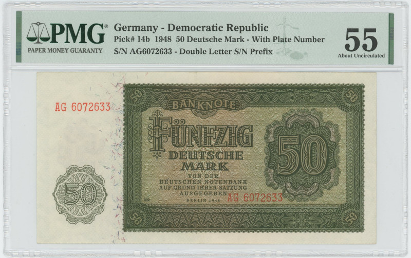 Germany - DDR 50 Deutsche Mark 1948 PMG 55 About UNC
P# 14b, N# 204568; # AG607...