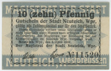 Germany - Weimar Republic Ost Prussia Danzig Stadt Neuteich 10 Pfennig 1919 Notgeld
Grabowski B6# N40.2a; 11520; Territory of Poland city Nowe Staw; ...