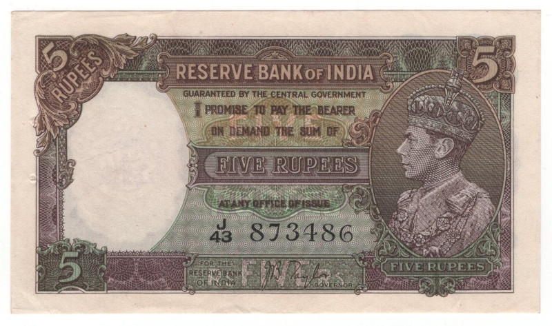British India 5 Rupees 1937 (ND)
P# 18a, N# 203961; # J43 873486; AUNC