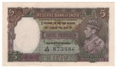 British India 5 Rupees 1937 (ND)
P# 18a, N# 203961; # J43 873486; AUNC