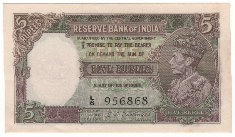 British India 5 Rupees 1937 (ND)
P# 18b, N# 203961; # L6 956868; UNC