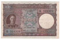 Ceylon 5 Rupees 1943
P# 36a, N# 235081; # G13 701572; VF+