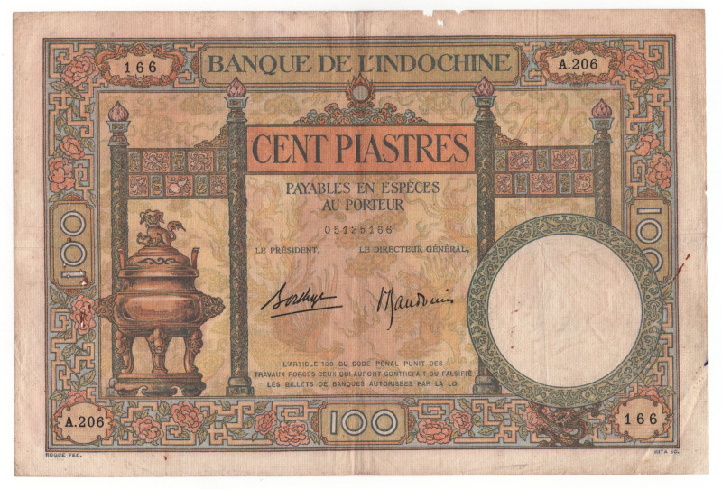 French Indochina 5 Piastres 1936 - 1939 (ND)
P# 51d, N# 220438; # A.206 166; F-...