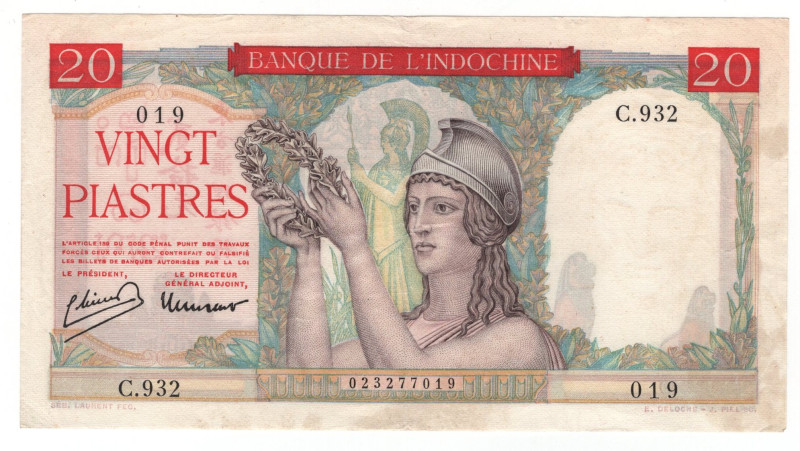 French Indochina 20 Piastres 1949 (ND)
P# 81a, N# 219328; # C.932 019; XF