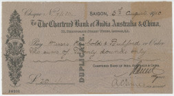 French Indochina Vietnam Saigon Chartered Bank of India, Australia and China Cheque for £30 1910
# 7/180; Duplicate overprint across; VF
