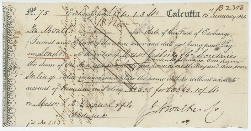 India J.W. Walker Calcutta Bill of Exchange for £134.1.3 1844
# 75; Drawn on In...