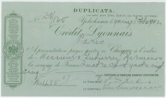 Japan Hongkong & Shanghai Banking Corporation Yokohama Cheque for 485 Francs 1906
# 38/135; Unusual cheque payable by Credit Lyonnais in Paris ; VF