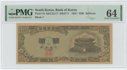 Korea 10 Hwan 1953 PMG 64 Choice UNC
P# 16, N# 210773; # Serie 7